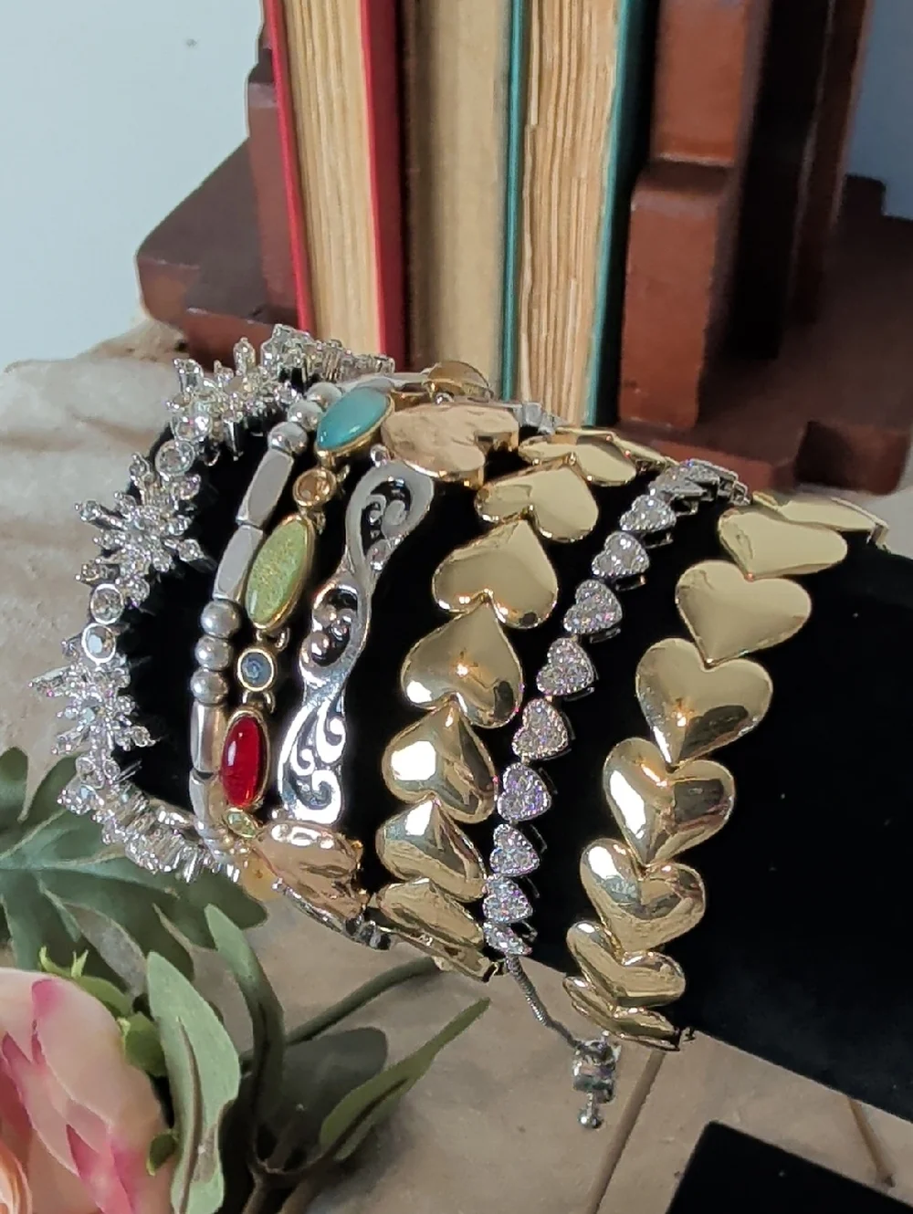 Eclectic Bracelet Stack Lot Gold Silver Rhinestone Gemstone Coquette Glam
